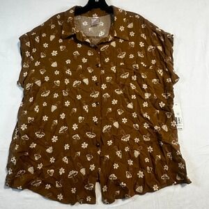 Mushies Mushroom Flower Short Sleeve Button Up Shirt Plus Size XXXL Cottagecore